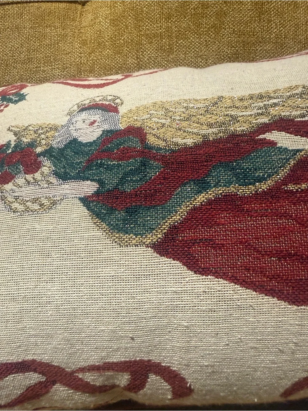 Vintage Riverdale Christmas Angel Tapestry Pillow Gold Metallic Made in USA 16”